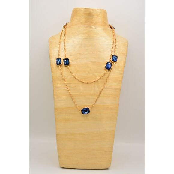 Blue Crystal Necklace Statement Chunky Brushed Gold Tone Chain Rhinestone Bin3B - Picture 6 of 12